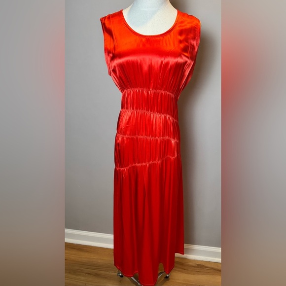 Helmut Lang Rouched Red Satin Midi Dress Size 8 – Never Worn! - Picture 1 of 8